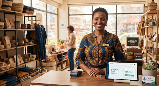 A dignified Kenyan small business owner smiling confidently in a modern retail shop in Nairobi